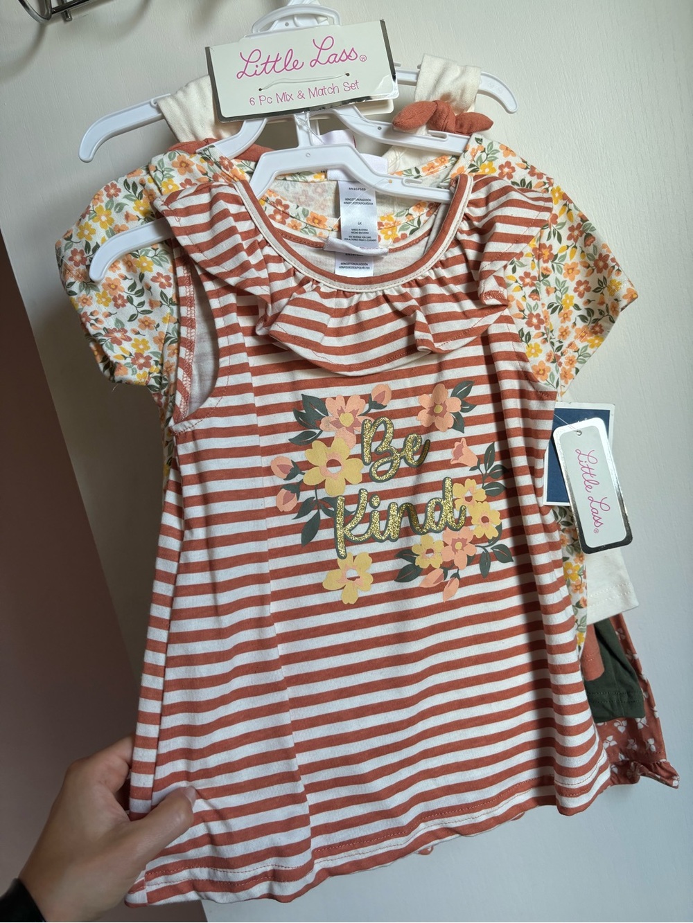 Girls size 6 Little Lass 6 pc set Rust White Striped Floral Tops & Shorts cotton